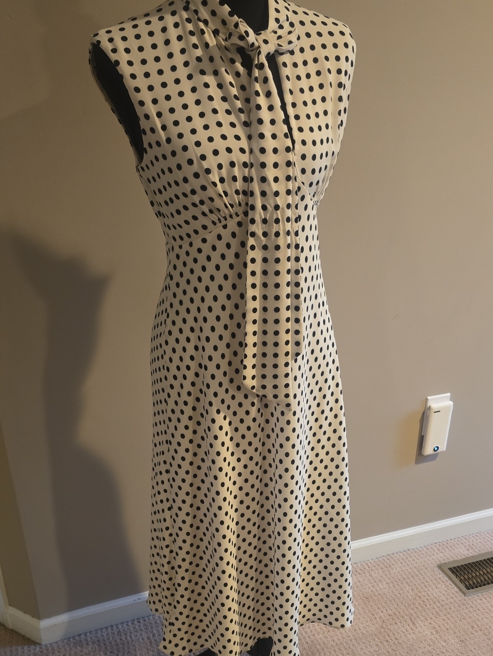 Lauren Ralph Lauren White Maxi Dress with Black Polka Dots and Tie Neck